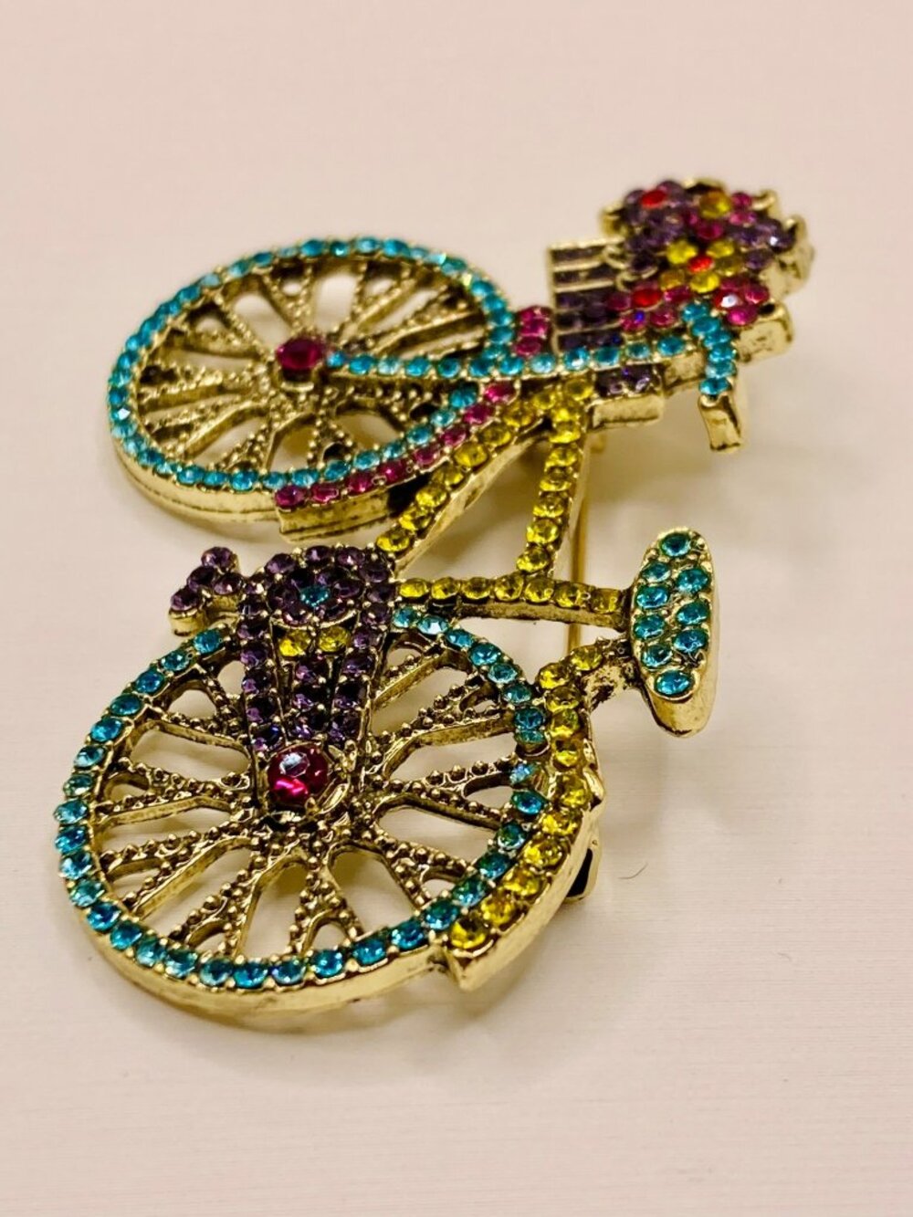 Bicycle Brooch Colorful Rhinestones & Gold-Tone Finish -32B - Picture 3 of 5